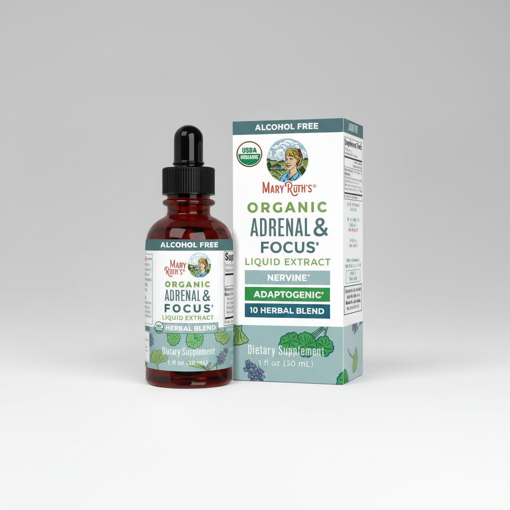Mary Ruth's Organic Adrenal & Focus Liquid Extract bottle and packaging on a white background