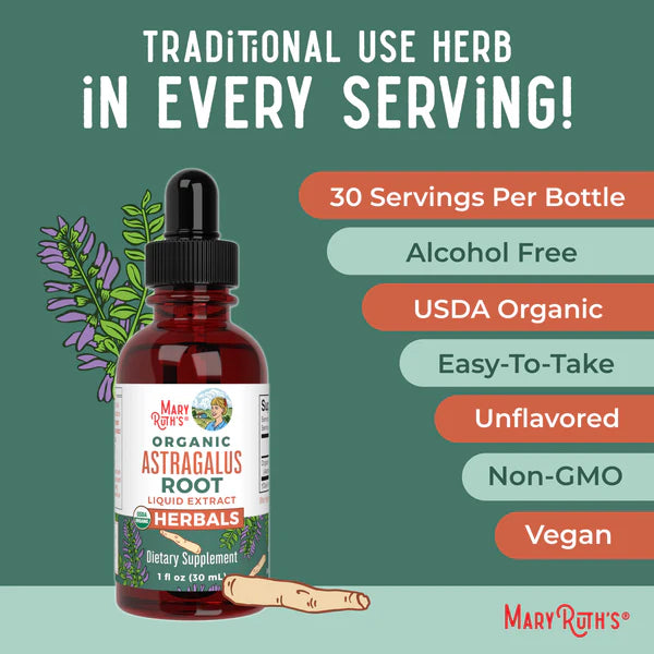 Bottle of Mary Ruth's Organic Astragalus Root Liquid Extract with product details on a green background