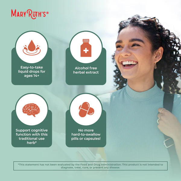 Woman with text bubbles about Mary Ruth's products on a light green background