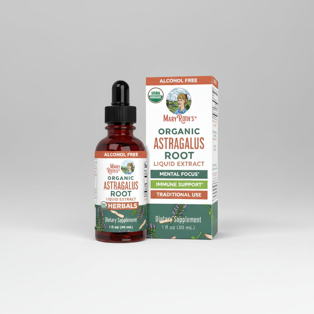 Mary Ruth's Organic Astragalus Root Liquid Extract bottle and packaging on a white background