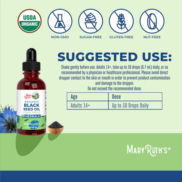 Bottle of black seed oil with label and suggested use instructions on a green background