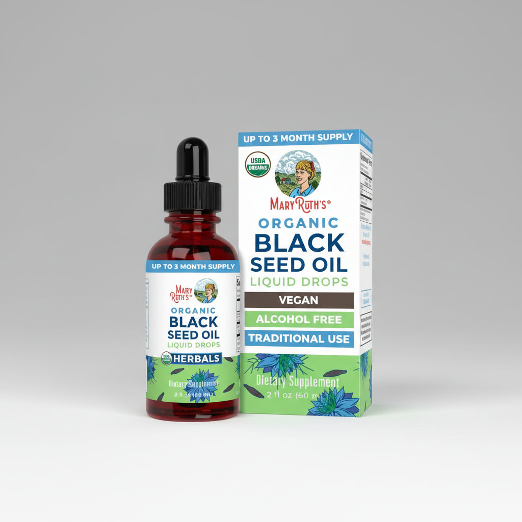 Mary Ruth's Organic Black Seed Oil bottle and packaging on a white background