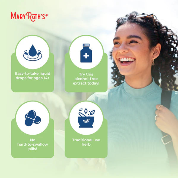 Woman smiling outdoors with Mary Ruth's product information icons displayed.