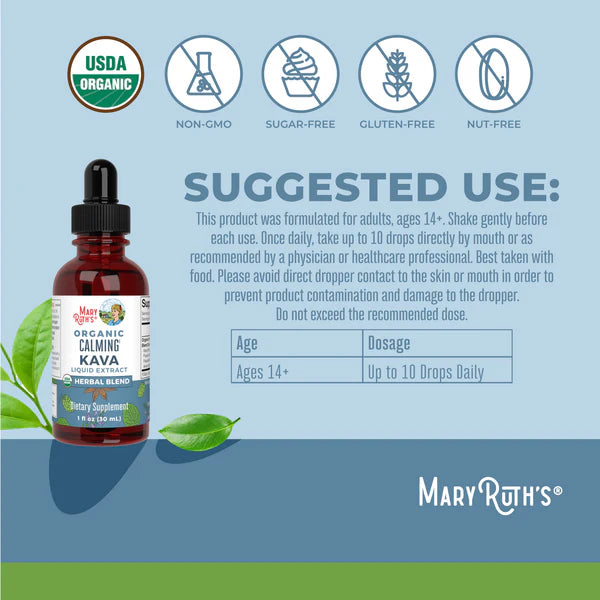 Mary Ruth's Organic Calming Kava liquid extract bottle with label and dropper on a blue background