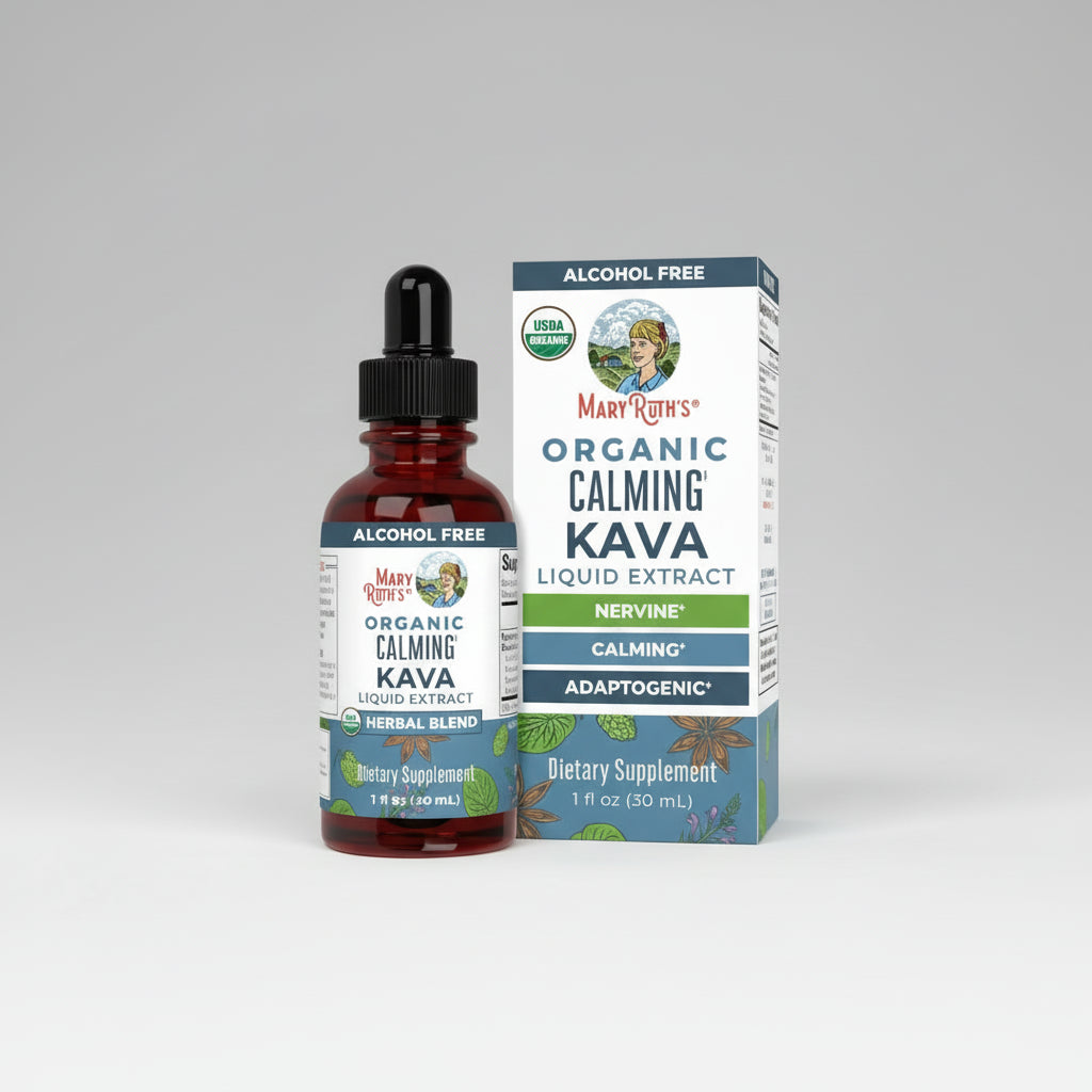 Mary Ruth's Organic Calming Kava Liquid Extract bottle and packaging on a white background