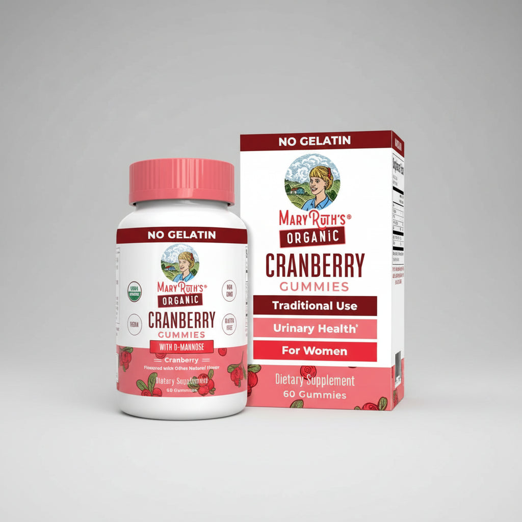 Mary Ruth's Organic Cranberry Gummies packaging with bottle and box on a white background
