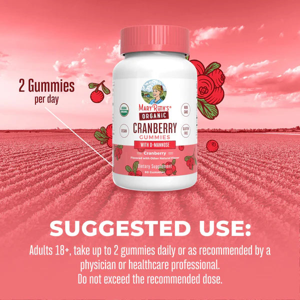 Bottle of Mary Richey Organic Cranberry Gummies with a red background and cranberry illustrations.