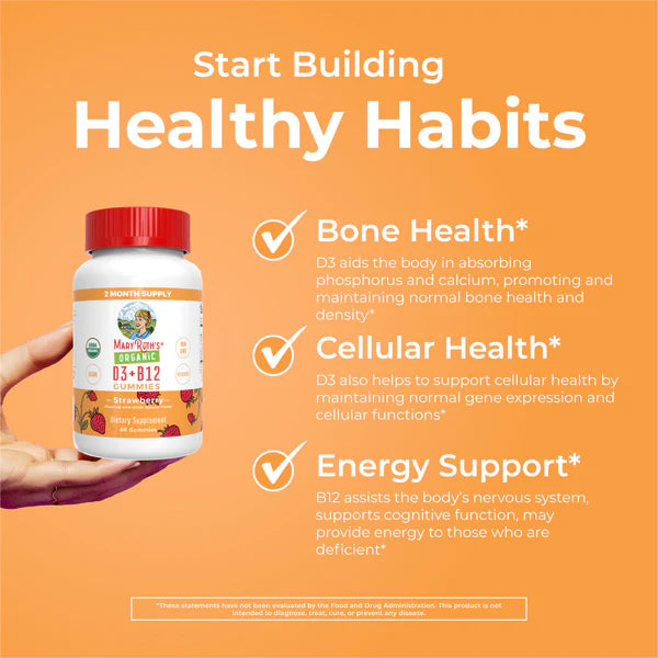 Vitamin supplement bottle with text on an orange background about bone health, cellular health, and energy support.