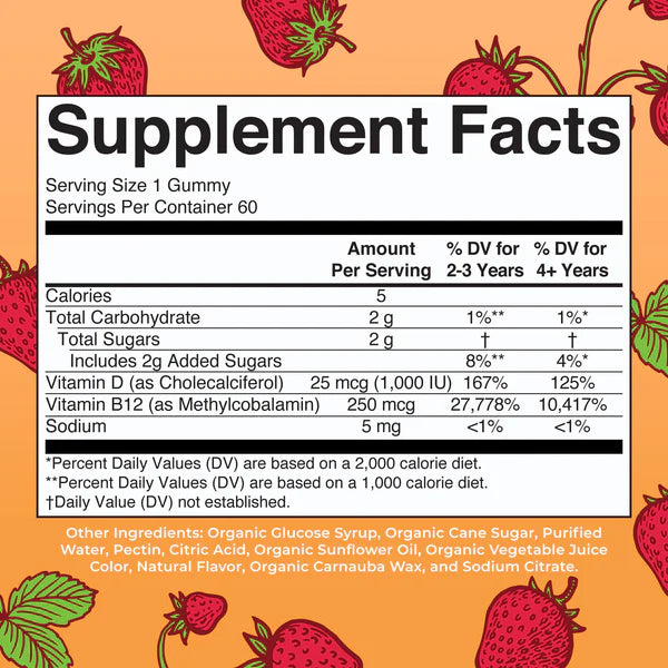 Supplement facts label for gummy vitamins with strawberry illustrations on an orange background