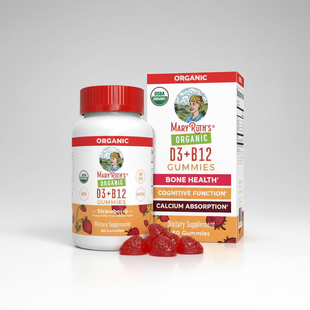 Mary Ruth's Organic D3+B12 Gummies supplement bottle and packaging on a white background