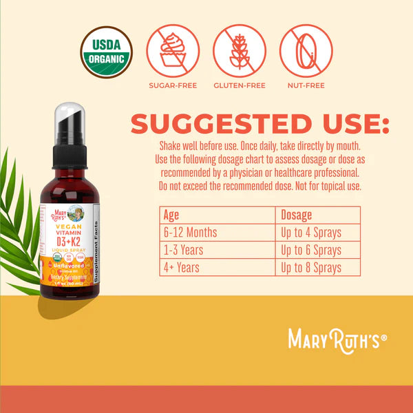 Vitamin bottle with dosage chart and Mary Ruth's branding on a beige background