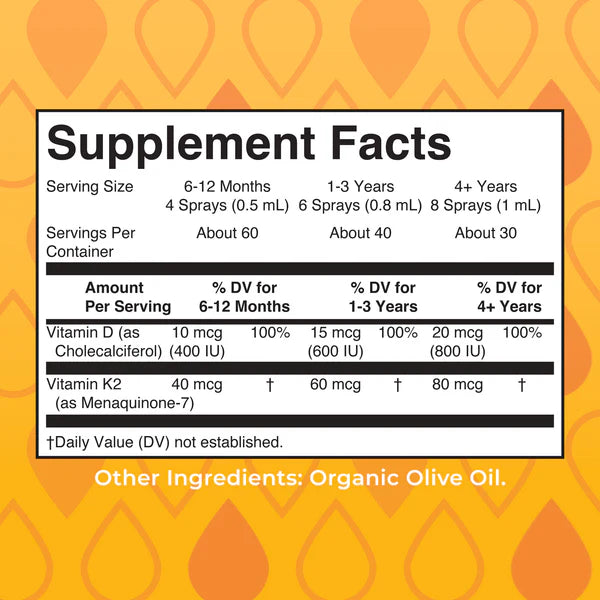 Supplement facts label with vitamin D and K2 on an orange background