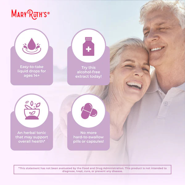 Advertisement for Mary Ruth's products featuring an elderly couple with product benefits listed.