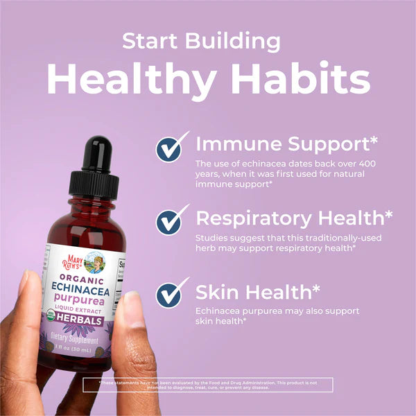 Bottle of Man & Bear Echinacea Purpurea liquid supplement with text on a purple background