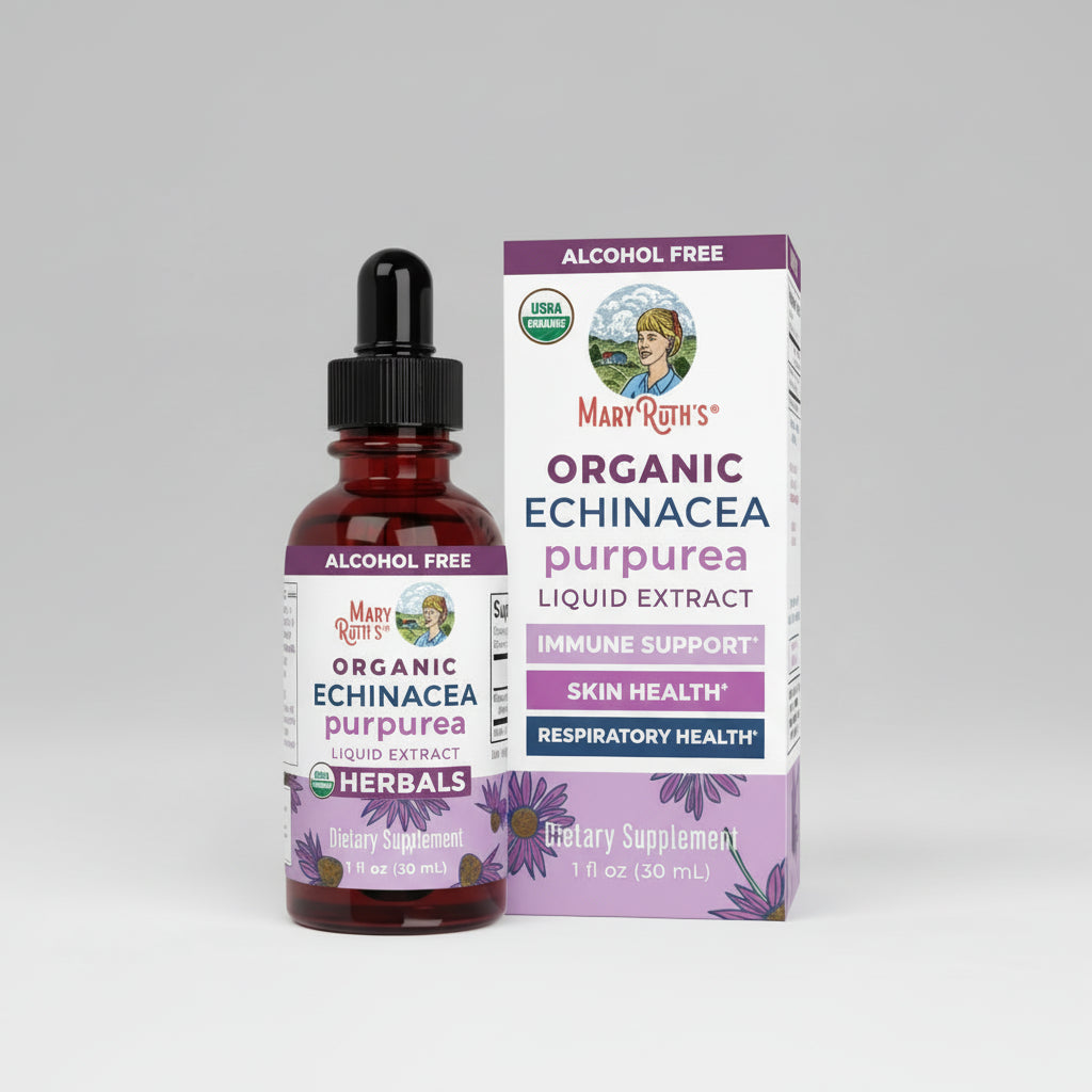Mary Ruth's Organic Echinacea purpurea liquid extract bottle and packaging on a white background