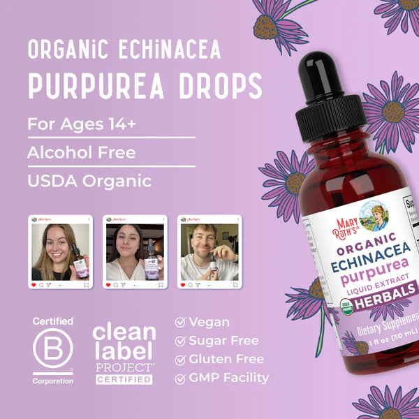 Bottle of Organic Echinacea Purpurea Drops with product details on a purple background