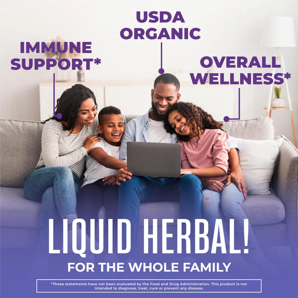 Family sitting on a couch using a laptop with text about USDA Organic, immune support, and overall wellness.