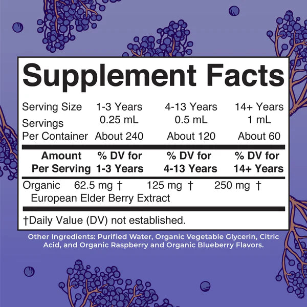 Supplement facts label for a product with elderberry extract on a purple background
