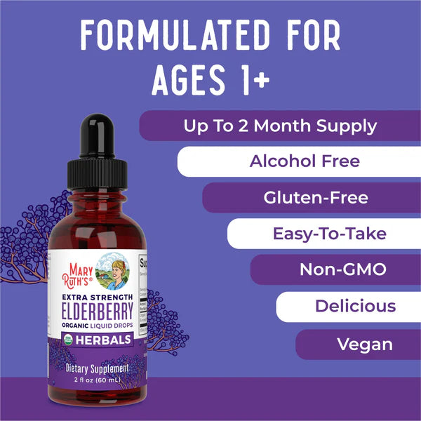 Mary Rihn Extra Strength Elderberry Organic Liquid Drops bottle on a purple background with product features listed.