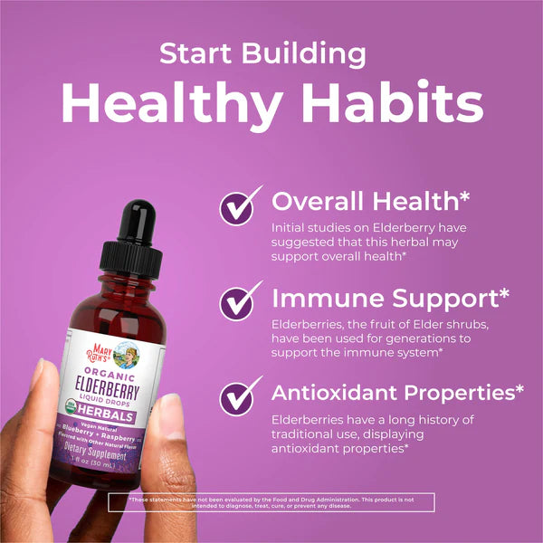 Bottle of Organic Elderberry Liquid Extract held by a hand with text about health benefits on a purple background