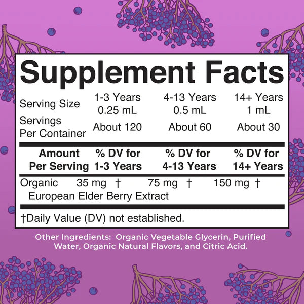 Supplement facts label with purple background and elderberry design