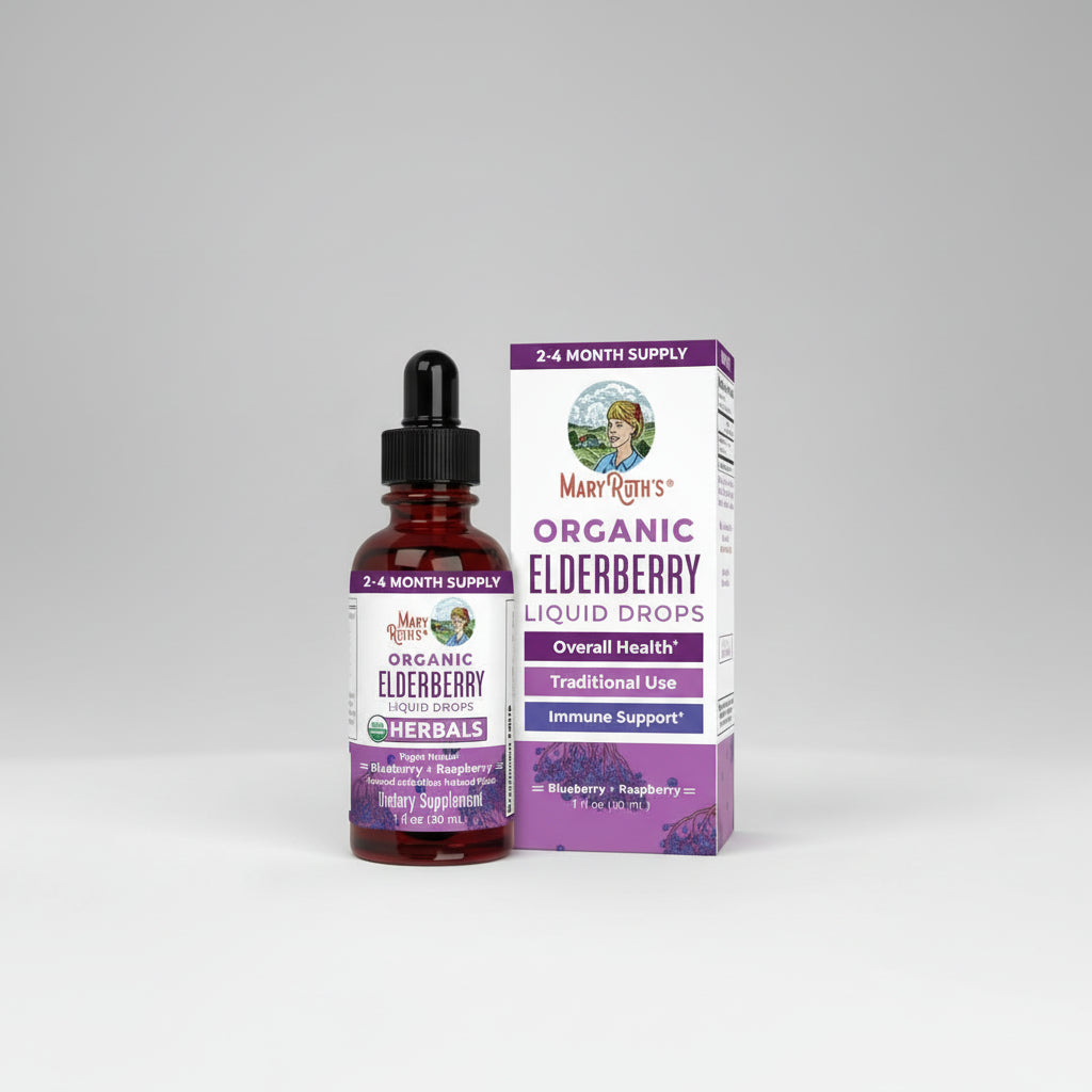 Mary Ruth's Organic Elderberry Liquid Drops bottle and packaging on a white background