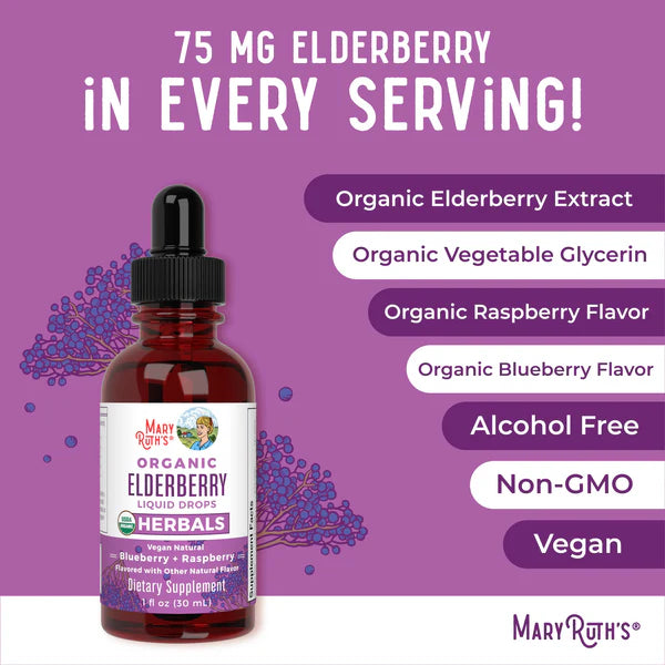Bottle of Mary Ruth's Organic Elderberry Liquid Drops on a purple background with product details.