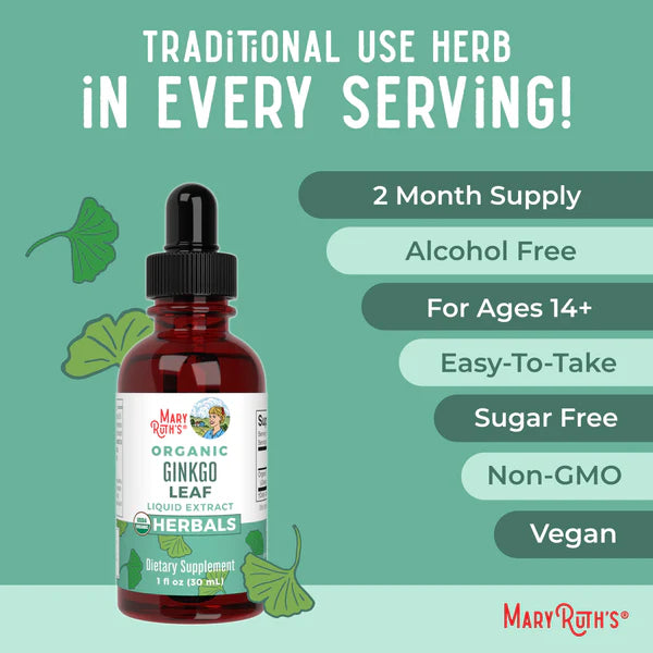 Mary Ruth's Organic Ginkgo Leaf Liquid Extract supplement bottle with promotional text on a green background