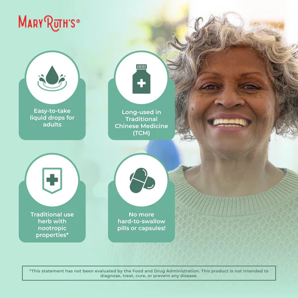 Advertisement for Mary Ruth's product featuring a woman and product benefits on a light green background.