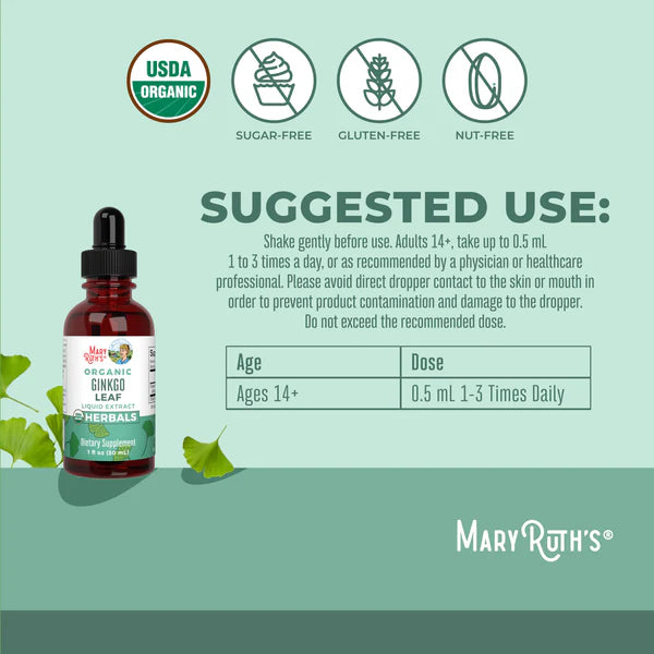 Bottle of Mary Ruth's organic herbal supplement with usage instructions on a light green background