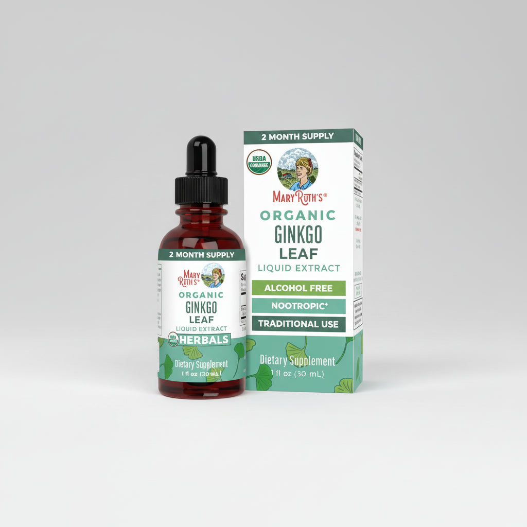 Mary Ruth's Organic Ginkgo Leaf Liquid Extract bottle and packaging on a white background