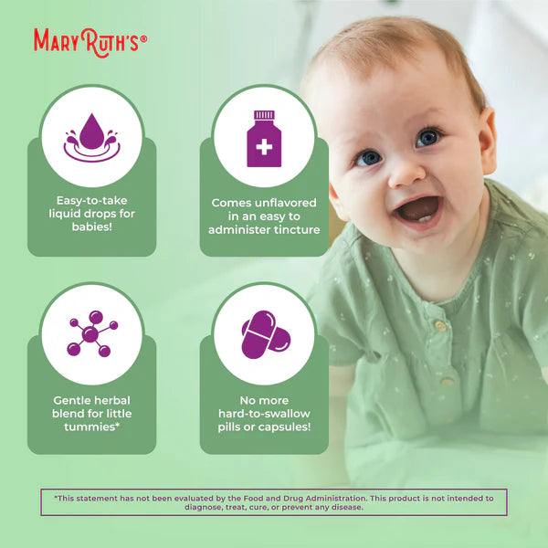 Mary Ruth's product advertisement with a baby and product features on a green background
