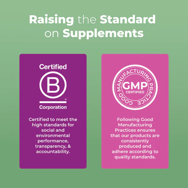 Two certification logos on a green background with text about social and environmental performance, and Good Manufacturing Practices.
