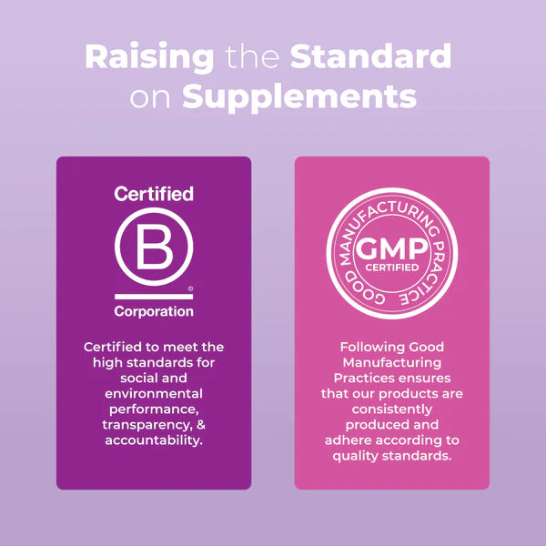 Two certification logos on a purple background with text about social and environmental performance, transparency, accountability, and Good Manufacturing Practices.