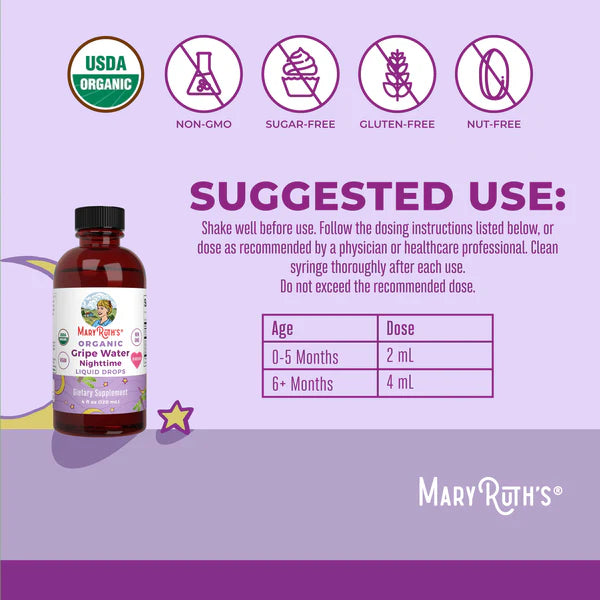 Mary Ruth's organic gripe water bottle with usage instructions on a purple background