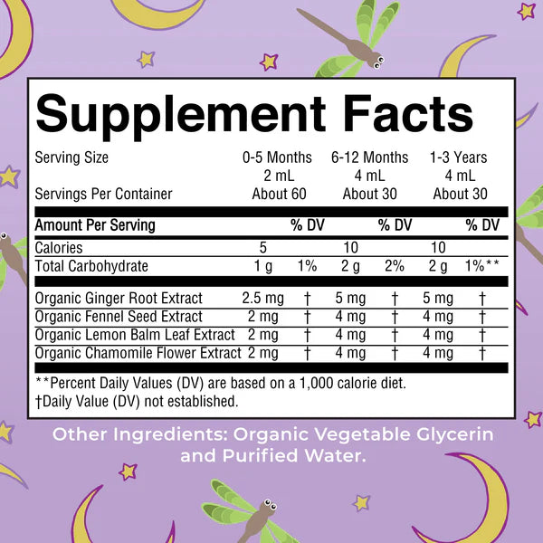 Supplement facts label with colorful dragonfly graphics on a purple background