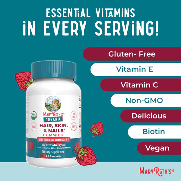 Mary Ruth's Organic Hair, Skin, & Nails gummies bottle with product features on a blue background