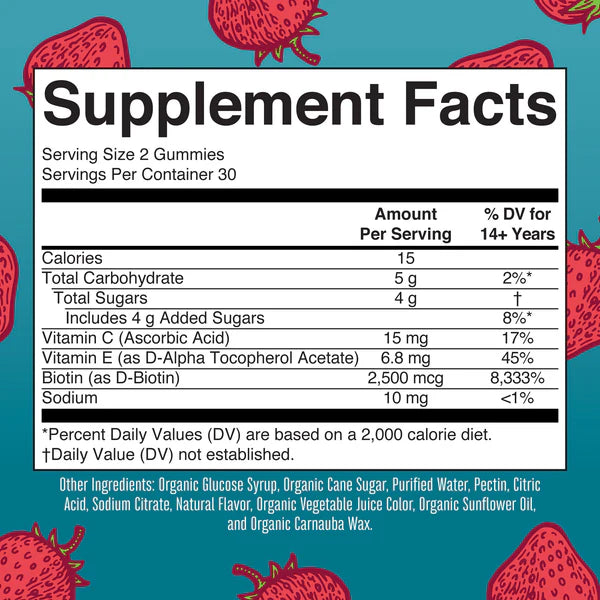 Supplement facts label for gummy vitamins with strawberry illustrations on a blue background