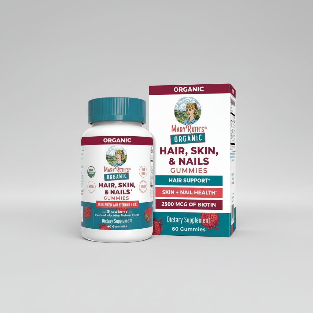 Mary Ruth's Organic Hair, Skin, & Nails Gummies bottle and packaging on a white background
