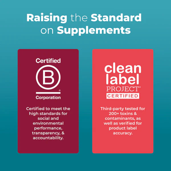 Two certification logos on a teal background with text about standards for supplements.