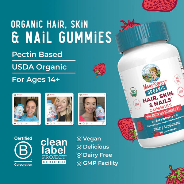 MaryRuth's Organic Hair, Skin & Nails Gummies bottle with product details on a blue background
