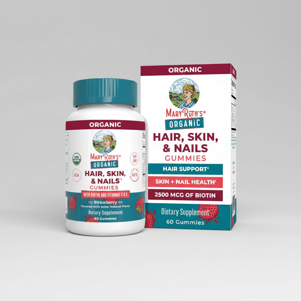 Mary Ruth's Organic Hair, Skin, & Nails Gummies bottle and packaging on a white background