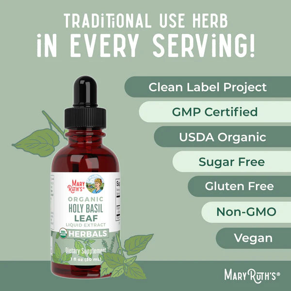 Mary Ruth's Organic Holy Basil Leaf extract bottle with certification labels on a green background