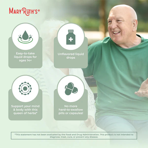 Man sitting outdoors with Mary Ruth's product features displayed on a green background