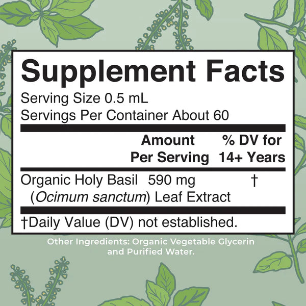 Supplement facts label for Organic Holy Basil extract with green leaf pattern