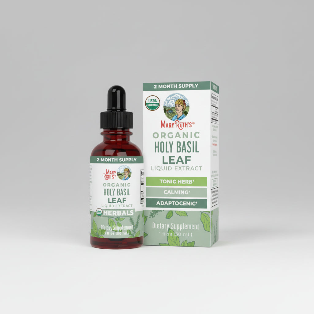Mary Ruth's Organic Holy Basil Leaf Liquid Extract bottle and packaging on a white background