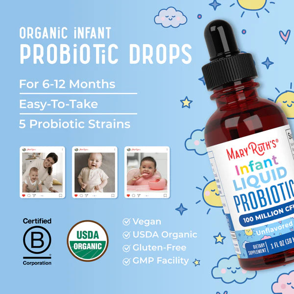 MaryRuth's Infant Liquid Probiotic bottle with product details on a blue background