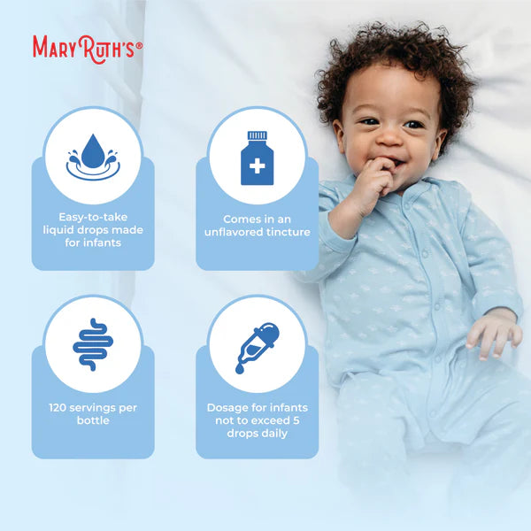 Baby lying on a white blanket with Mary Ruth's product information displayed.