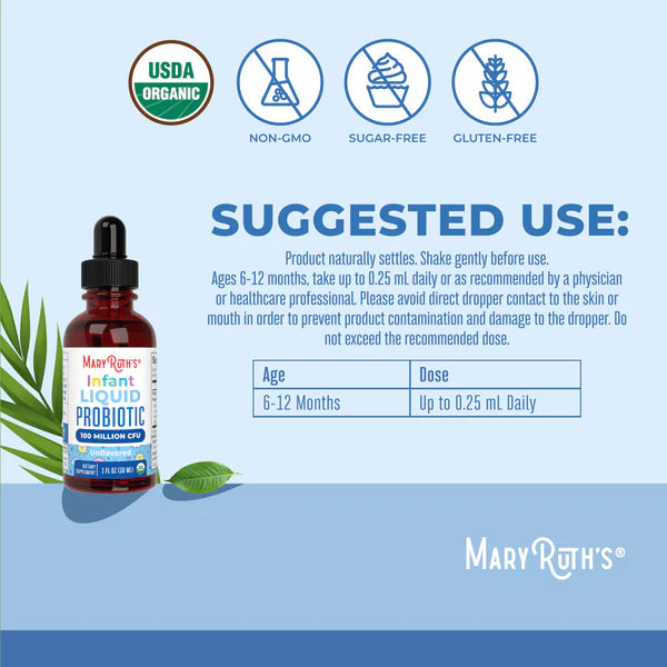 Mary Ruth's Infant Liquid Probiotic bottle with labels on a light blue background