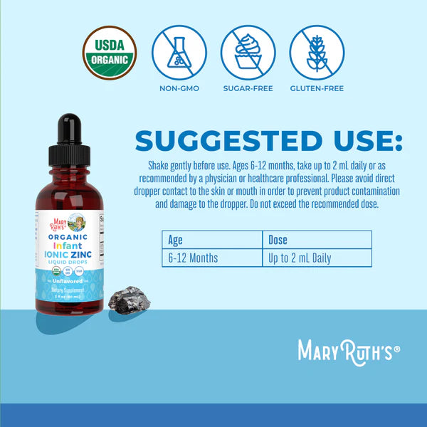 Bottle of Mary Ruth's Organic Infant Ionic Zinc with usage instructions on a blue background